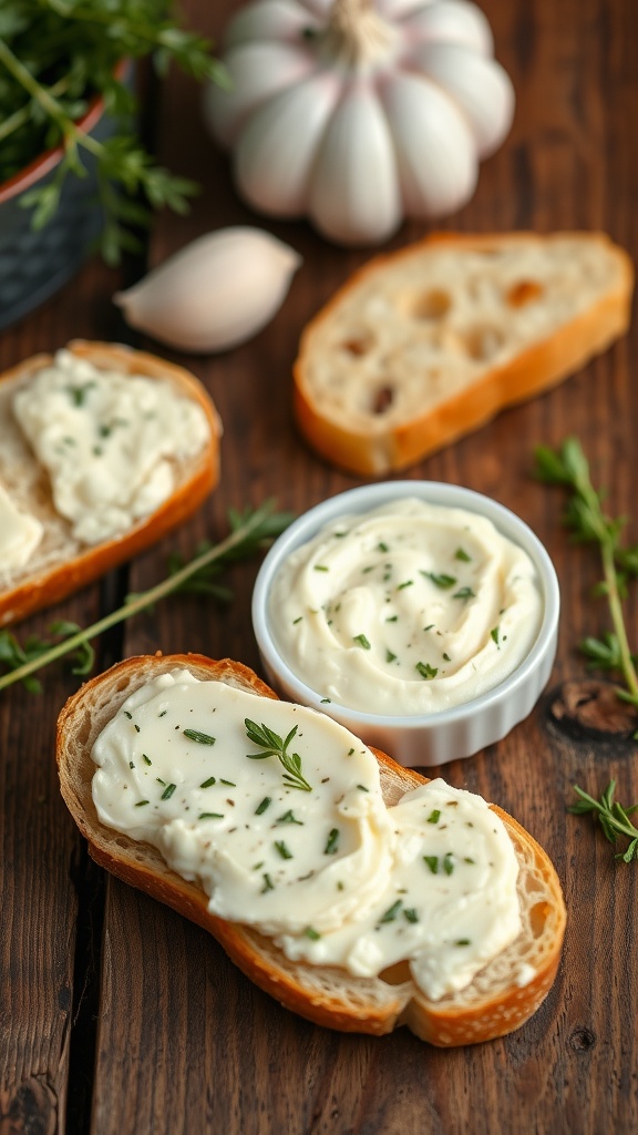 Creamy garlic herb butter in a dish, spread on warm bread, with garlic and herbs on a wooden table.